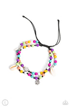 Load image into Gallery viewer, A coastal collection of silver cubes, colorful stone beads, cowrie shells, silver discs, and hammered silver beads slide along a shiny black cord around the ankle for a whimsical look. Features an adjustable sliding knot closure.  Sold as one individual anklet.

