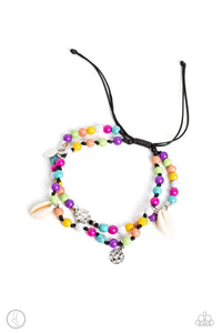 A coastal collection of silver cubes, colorful stone beads, cowrie shells, silver discs, and hammered silver beads slide along a shiny black cord around the ankle for a whimsical look. Features an adjustable sliding knot closure.  Sold as one individual anklet.