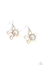 Load image into Gallery viewer, White cowrie shells surf out around an oversized white pearl center encased in a silver-pronged frame for a beach-inspired floral centerpiece. Earring attaches to a standard fishhook fitting.  Sold as one pair of earrings.
