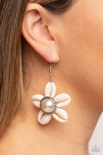 Load image into Gallery viewer, White cowrie shells surf out around an oversized white pearl center encased in a silver-pronged frame for a beach-inspired floral centerpiece. Earring attaches to a standard fishhook fitting.  Sold as one pair of earrings.

