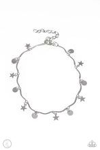 Load image into Gallery viewer, A fringe of sleek silver stars and discs swings from a dainty silver overlay chain, creating whimsical movement around the ankle. Features an adjustable clasp closure.  Sold as one individual anklet.
