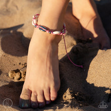 Load image into Gallery viewer, Dainty white cowrie seashells alternate with silver beads and a solitaire silver cowrie seashell along knotted light pink cords, resulting in a beach inspired palette below the collar. Features an adjustable sliding knot closure.  Sold as one individual anklet.
