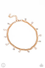 Load image into Gallery viewer, A fringe of dainty pearls and white gems pressed into sleek gold frames wraps around the ankle on a dainty gold chain, creating a glittery, oceanic statement. A second dainty gold chain adds a high-sheen layer for a refined finish. Features an adjustable clasp closure.  Sold as one individual anklet.
