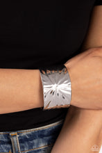 Load image into Gallery viewer, A thick band of silver, featuring warped textures across its surface wraps around the wrist for a standout centerpiece, reflecting light off every fold.  Sold as one individual bracelet.
