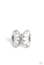 Load image into Gallery viewer, Two concaved half circle frames dotted with dainty white rhinestones meet in the center to create a glittering centerpiece atop the finger. Set in the airy frames, teardrops featuring white pearly paint in varying sizes creates a whimsical pop of color amidst the refined display. Features a stretchy band for a flexible fit.  Sold as one individual ring.
