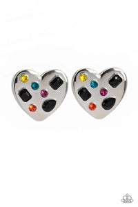 Brushed with shimmery pink, orange, yellow, blue, and black round, teardrop and emerald-cut gems, an oversized, high-sheen silver heart frame rests against the ear for a dazzling finish. Earring attaches to a standard post fitting.  Sold as one pair of post earrings.