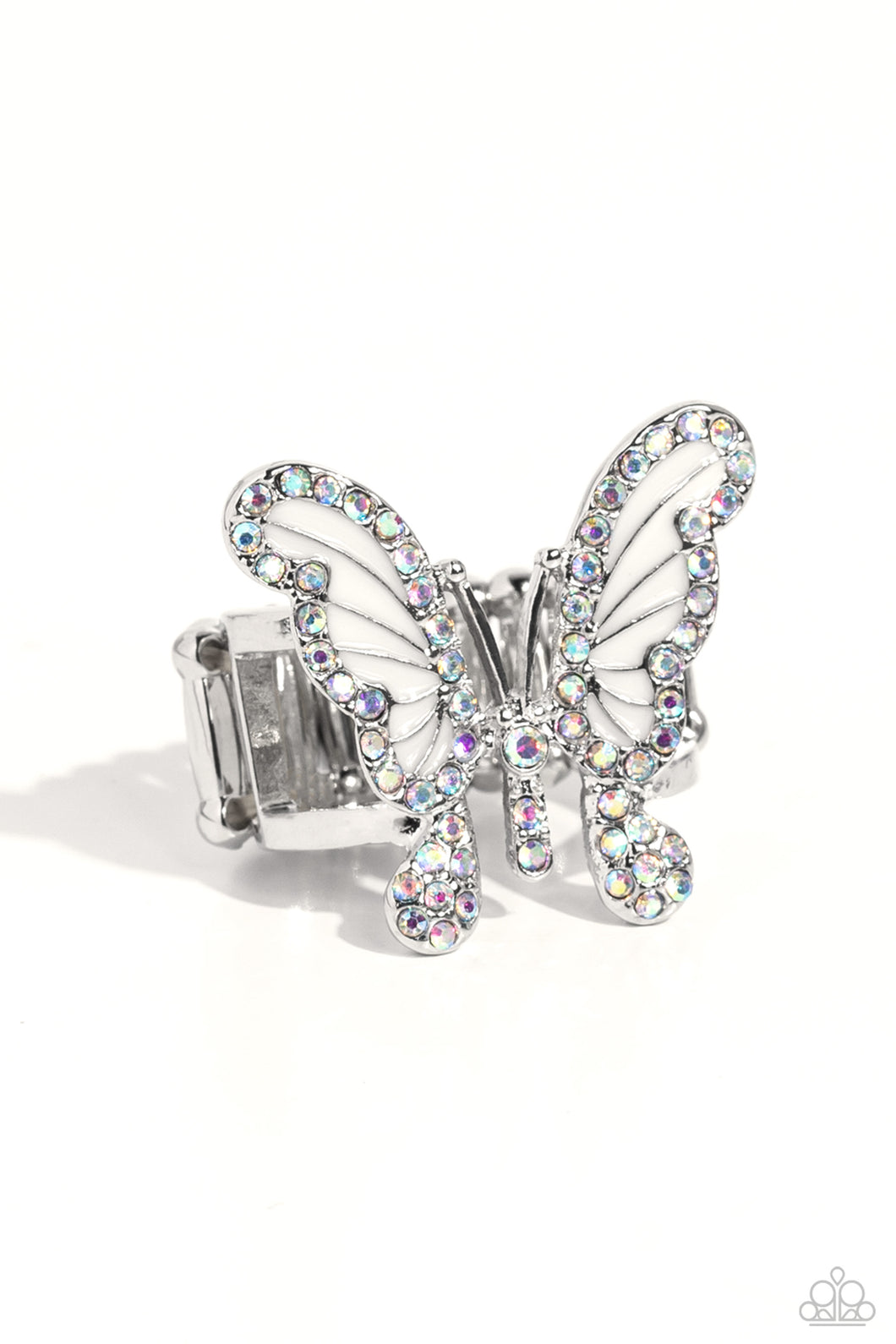 Sparkling with dainty, round iridescent rhinestones, a silver butterfly with white wings, fearlessly flutters atop the finger for a statement-making finish. Features a stretchy band for a flexible fit. Due to its prismatic palette, color may vary.  Sold as one individual ring.