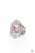 Load image into Gallery viewer, A faceted radiant-cut pink gem is pressed into an elaborate frame filled with blinding round, teardrop and marquise-cut gems in shades of white, pink, and iridescent for a blingy statement atop the finger. Features a stretchy band for a flexible fit. Due to its prismatic palette, color may vary.  Sold as one individual ring.
