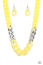Load image into Gallery viewer, Brushed in a vibrant Empire Yellow finish, a strand of acrylic curb chain combines with links of a silver curb chain to dramatically drape across the chest for a whimsical yet bold look. Features an adjustable clasp closure.  Sold as one individual necklace. Includes one pair of matching earrings.
