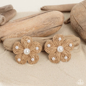 Pearls in varying sizes, sporadically dot the front of a tan straw-like woven floral centerpiece for a beachy flair. Earring attaches to a standard post fitting.  Sold as one pair of post earrings.