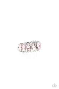 A row of glassy pink marquise-cut rhinestones, encased in dainty silver-pronged fittings, alternate with dainty iridescent rhinestone bars as they connect across the finger, creating a knockout kaleidoscope of color. Features a dainty stretchy band for a flexible fit. Due to its prismatic palette, color may vary.  Sold as one individual ring.