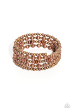 Load image into Gallery viewer, Coiling around the wrist, striped copper beads of varying sizes, interacts with brass accents, copper wheel beads, and copper discs for an eye-catching, endless design.  Sold as one individual bracelet.
