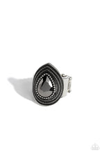 Load image into Gallery viewer, A faceted hematite teardrop gem is nestled inside a silver teardrop frame radiating with studded, layered textures, resulting in an edgy centerpiece atop the finger. Features a stretchy band for a flexible fit. Sold as one individual ring.
