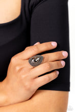 Load image into Gallery viewer, A faceted hematite teardrop gem is nestled inside a silver teardrop frame radiating with studded, layered textures, resulting in an edgy centerpiece atop the finger. Sold as one individual ring.
