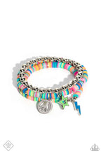 Load image into Gallery viewer, Multicolored clay discs with silver beads, combine with a strand of silver beads with additional silver accents for a dramatic pop of color along the wrist on stretchy bands. Dangling from the multicolored stacks, a painted blue lightning bolt charm and a silver peace sign add a psychedelic finish to the design.  Sold as one set of three bracelets.
