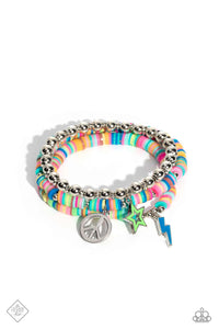 Multicolored clay discs with silver beads, combine with a strand of silver beads with additional silver accents for a dramatic pop of color along the wrist on stretchy bands. Dangling from the multicolored stacks, a painted blue lightning bolt charm and a silver peace sign add a psychedelic finish to the design.  Sold as one set of three bracelets.