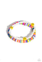 Load image into Gallery viewer, Hot pink, blue, white, and yellow clay discs combine with a strand of white seed beads to provide a vibrant pop of color along the wrist. Sporadically dotted in the high-sheen seed bead strand, yellow smiley face beads rest for a youthful finish on elastic stretchy bands.  Sold as one set of two bracelets.
