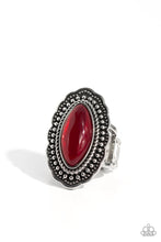 Load image into Gallery viewer, An opalescent red marquise-cut bead is pressed into the center of a silver floral frame radiating with studded antiqued textures. Features a stretchy band for a flexible fit. Sold as one individual ring.
