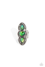 Load image into Gallery viewer, Centered around an elongated, decoratively studded silver frame, two opalescent refracted shimmer green teardrops flank an opalescent green oval, creating a whimsically seasonal statement piece atop the finger. Features a stretchy band for a flexible fit. Due to its prismatic palette, color may vary.  Sold as one individual ring.
