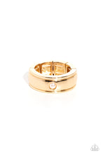 Load image into Gallery viewer, Dotted with a dainty white pearl center, a shiny, sleek gold band stands out against the finger for a sophisticated finish. Features a stretchy band for a flexible fit.  Sold as one individual ring.

