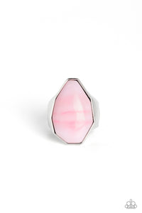 Featuring a glossy finish, an asymmetrical pink acrylic bead, patterned with accents of darker pink, is pressed into a sleek silver frame for an attention-grabbing pop of youthful color atop the finger. Features a stretchy band for a flexible fit.  Sold as one individual ring.