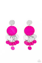 Load image into Gallery viewer, Cascading from a shiny silver disc, a vibrant collection of pink shells in varying sizes and shiny silver discs alternate down the ear, creating a beachy fringe. Earring attaches to a standard post fitting.  Sold as one pair of post earrings.
