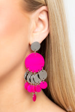 Load image into Gallery viewer, Cascading from a shiny silver disc, a vibrant collection of pink shells in varying sizes and shiny silver discs alternate down the ear, creating a beachy fringe. Earring attaches to a standard post fitting.  Sold as one pair of post earrings.
