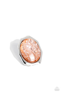 Featuring a refracted shimmer, an oversized oval-cut, glossy orange gem sparkles from an asymmetrical silver frame for an edgy statement piece atop the finger. Features a stretchy band for a flexible fit.  Sold as one individual ring.