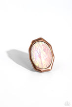 Load image into Gallery viewer, Featuring a refracted shimmer, an oversized oval-cut, opalescent white gem sparkles from an asymmetrical copper frame for an edgy statement piece atop the finger. Features a stretchy band for a flexible fit.  Sold as one individual ring.
