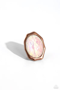 Featuring a refracted shimmer, an oversized oval-cut, opalescent white gem sparkles from an asymmetrical copper frame for an edgy statement piece atop the finger. Features a stretchy band for a flexible fit.  Sold as one individual ring.