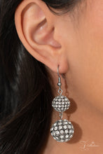 Load image into Gallery viewer, Glittery, white rhinestones cluster together, creating dramatically oversized, airy, spheres that sparkle vivaciously. Smaller rhinestone-encrusted spheres dance between the exaggerated accents, resulting in a dynamic display of texture and sheen. Features an adjustable clasp closure.  Sold as one individual necklace. Includes one pair of matching earrings.
