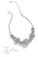 Load image into Gallery viewer, Glittery, white rhinestones cluster together, creating dramatically oversized, airy, spheres that sparkle vivaciously. Smaller rhinestone-encrusted spheres dance between the exaggerated accents, resulting in a dynamic display of texture and sheen. Features an adjustable clasp closure.  Sold as one individual necklace. Includes one pair of matching earrings.

