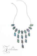 Load image into Gallery viewer, Abalone shells swirled in dreamy, reflective hues of blue, purple, and green are cut into abstract geometric shapes and set into studded silver frames. Silver chain links connect a row of shells that bows along the neckline, anchoring a cascade of pearlescent tassels that taper into a shimmery fringe. Features an adjustable clasp closure. Due to its prismatic palette, color may vary.  Sold as one individual necklace. Includes one pair of matching earrings.
