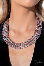 Load image into Gallery viewer, Row after row of glittery pink rhinestones fall along flexible bands of silver, encircling the neck in stunning shimmer. The top row showcases a fierce shade of fuchsia, which contrasts beautifully with the iridescent gems that layer below. Smaller fuchsia gems line the middle tier, playfully twinkling against the second row of iridescent gems that follows. Finally, a strand of light pink rhinestones lines the bottom row, elevating the colorful collar to sparkling new heights.

