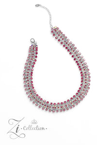 Row after row of glittery pink rhinestones fall along flexible bands of silver, encircling the neck in stunning shimmer. The top row showcases a fierce shade of fuchsia, which contrasts beautifully with the iridescent gems that layer below. Smaller fuchsia gems line the middle tier, playfully twinkling against the second row of iridescent gems that follows. Finally, a strand of light pink rhinestones lines the bottom row, elevating the colorful collar to sparkling new heights.