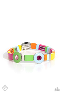 Alternating along the wrist in a whimsically colorful pattern, a collection of stacked silver cube beads, and multicolored metallic squares are threaded along an elastic stretchy band. Three circular frames, in Pantone® shades of Classic Green, Summer Song, and Fuchsia Fedora, haphazardly interrupt the cubed beading, showcasing their colorful rhinestone centers for additional contrast around the wrist.  Sold as one individual bracelet.