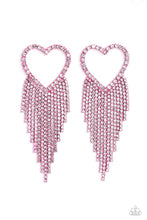 Load image into Gallery viewer, Glassy white rhinestones, encrusted along the front of a pink heart frame, create a flirty centerpiece. Staggered rows of white rhinestones pressed in delicate pink square fittings cascade from the sparkly centerpiece, adding glitzy movement to the romantic piece. Earring attaches to a standard post fitting.  Sold as one pair of post earrings.
