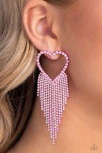 Load image into Gallery viewer, Glassy white rhinestones, encrusted along the front of a pink heart frame, create a flirty centerpiece. Staggered rows of white rhinestones pressed in delicate pink square fittings cascade from the sparkly centerpiece, adding glitzy movement to the romantic piece. Earring attaches to a standard post fitting.  Sold as one pair of post earrings.
