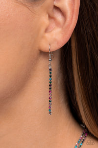 Featuring sleek square fittings, two strands of glittery, dainty multicolored rhinestones connect down the chest for a refined centerpiece. The interconnected rows delicately give way to freefalling multicolored layers, creating additional strands of glitzy movement. Features an adjustable clasp closure.  Sold as one individual necklace. Includes one pair of matching earrings.