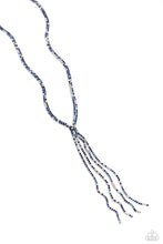 Load image into Gallery viewer, Featuring sleek square fittings, two strands of glittery, dainty multicolored blue rhinestones connect down the chest for a refined centerpiece. The interconnected rows delicately give way to free falling multicolored blue layers, creating additional strands of glitzy movement. Features an adjustable clasp closure.  Sold as one individual necklace. Includes one pair of matching earrings.
