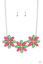 Load image into Gallery viewer, Dotted with white rhinestone centers, an elongated assortment of Classic Green and Pink Peacock beaded flowers link below the collar for a playful pop of color. Features an adjustable clasp closure.  Sold as one individual necklace. Includes one pair of matching earrings.
