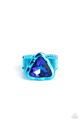 Featuring a UV shimmer, a blue triangle-cut gem is pressed into a scalloped triangular electric blue frame set atop a thin, airy band for a colorfully gritty look. Features a stretchy band for a flexible fit.  Sold as one individual ring.