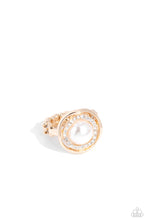 Load image into Gallery viewer, A slightly warped gold hoop encircles a glossy white pearl atop a dainty gold band. A daintier warped gold hoop, encrusted with white rhinestones, curls around the pearl inside the larger gold hoop for a touch of glitz to the sophisticated centerpiece. Features a dainty stretchy band for a flexible fit.  Sold as one individual ring.
