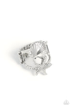 Load image into Gallery viewer, Featuring a layered design, a textured silver seashell crowns the uppermost band of an airy centerpiece, while a studded silver starfish is encrusted along the lowermost band for a beachy look. Features a stretchy band for a flexible fit.  Sold as one individual ring.
