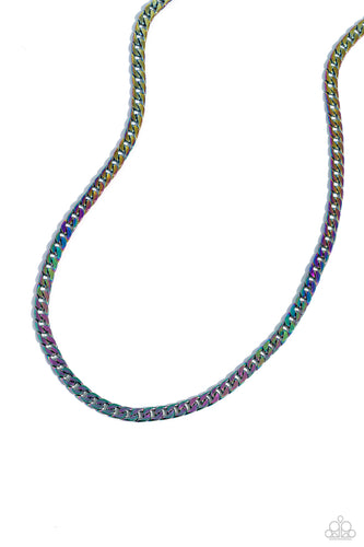 Featuring a flattened finish, oil spill links daringly interlock into a dainty curb-like chain across the chest for a stellar urban finish. Features an adjustable clasp closure.  Sold as one individual necklace.