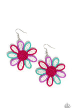Load image into Gallery viewer, Layers of white seed bead petals, encased in seed bead frames of hot pink, tiffany, and lavender fan out from a hot pink seed bead center, blooming into a textured floral lure. Earring attaches to a standard fishhook fitting. Sold as one pair of earrings.
