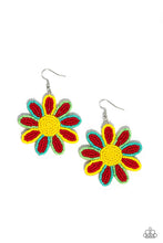 Load image into Gallery viewer, Layers of red seed bead petals, encased in seed bead frames of yellow, apple, and tiffany, fan out from a yellow seed bead center, blooming into a textured floral lure. Earring attaches to a standard fishhook fitting.  Sold as one pair of earrings.
