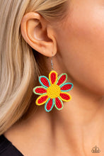 Load image into Gallery viewer, Layers of red seed bead petals, encased in seed bead frames of yellow, apple, and tiffany, fan out from a yellow seed bead center, blooming into a textured floral lure. Earring attaches to a standard fishhook fitting.  Sold as one pair of earrings.
