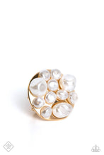 Load image into Gallery viewer, Featuring an array of gleaming baroque pearls in varying sizes, an asymmetrical, oversized gold disc rest atop the finger for a beach-inspired statement. Features a stretchy band for a flexible fit.  Sold as one individual ring.
