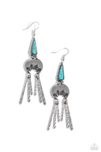Load image into Gallery viewer, A turquoise stone pressed in a studded triangular fitting, and a silver floral-decorated half moon frame link into an earthy lure. A collection of daintily textured silver tassels in varying sizes swing from the bottom of the stacked frame for a whimsical finish. Earring attaches to a standard fishhook fitting. As the stone elements in this piece are natural, some color variation is normal.  Sold as one pair of earrings.
